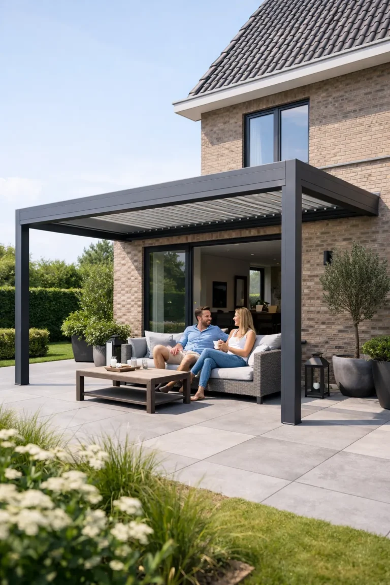 Twee mensen zitten onder een pergola naast een huis, genietend van de zon