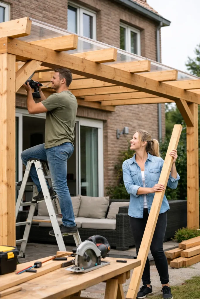 Man en vrouw bouwen een houten overkapping