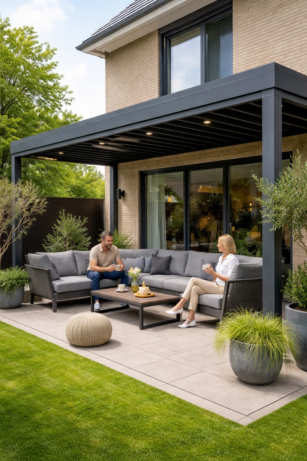 Persoon geniet onder overkapping bij huis