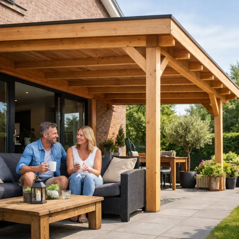 Een houten overkapping aan een huis met terrasmeubilair