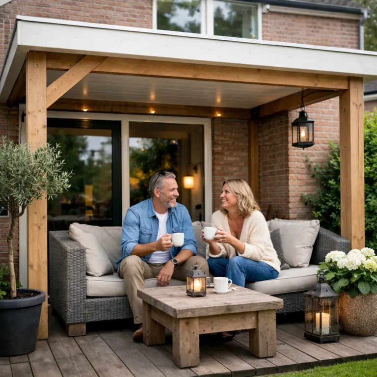 Man en vrouw zitten onder een houten overkapping bij hun huis