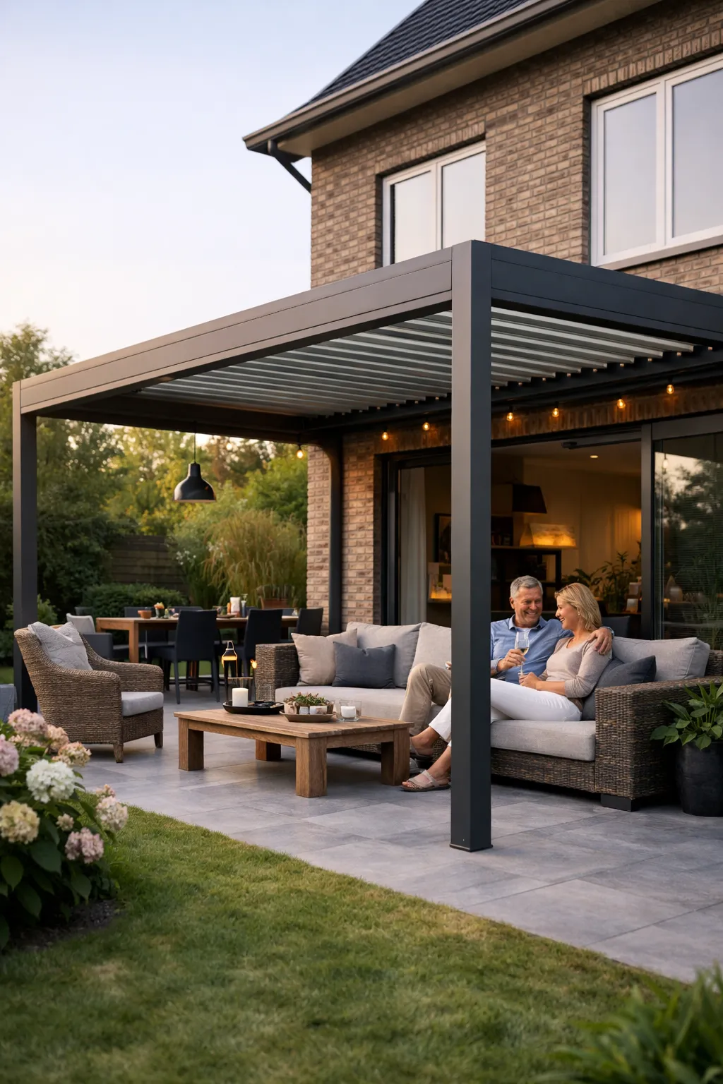 Persoon zit onder moderne terrasoverkapping bij huis