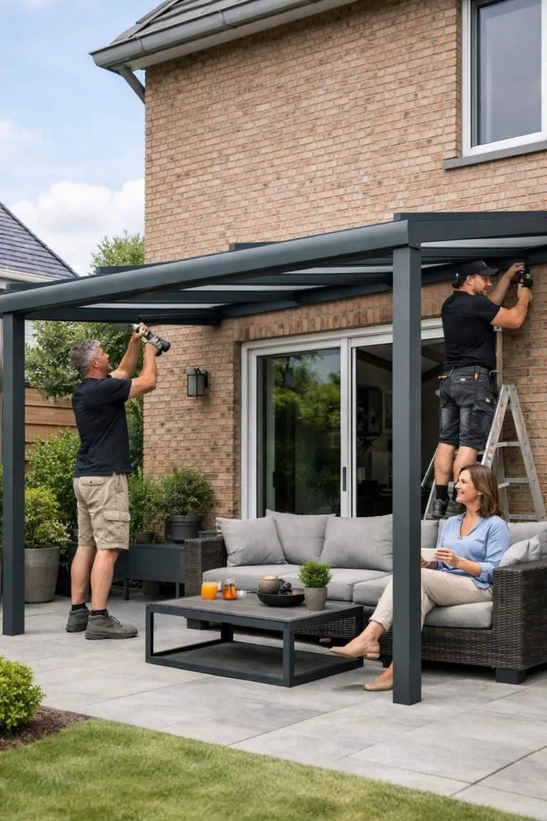 Mannen installeren een overkapping terwijl een vrouw op de bank zit