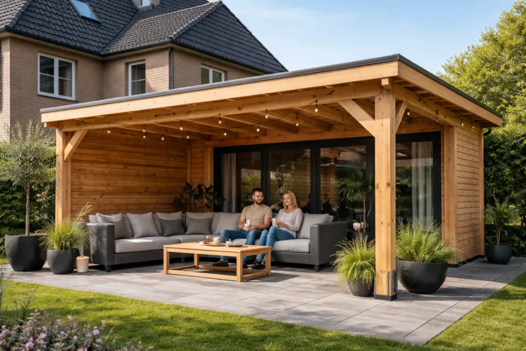 Paar zit onder houten overkapping aan huis