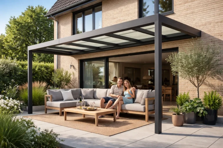 Persoon geniet onder een moderne overkapping aan huis