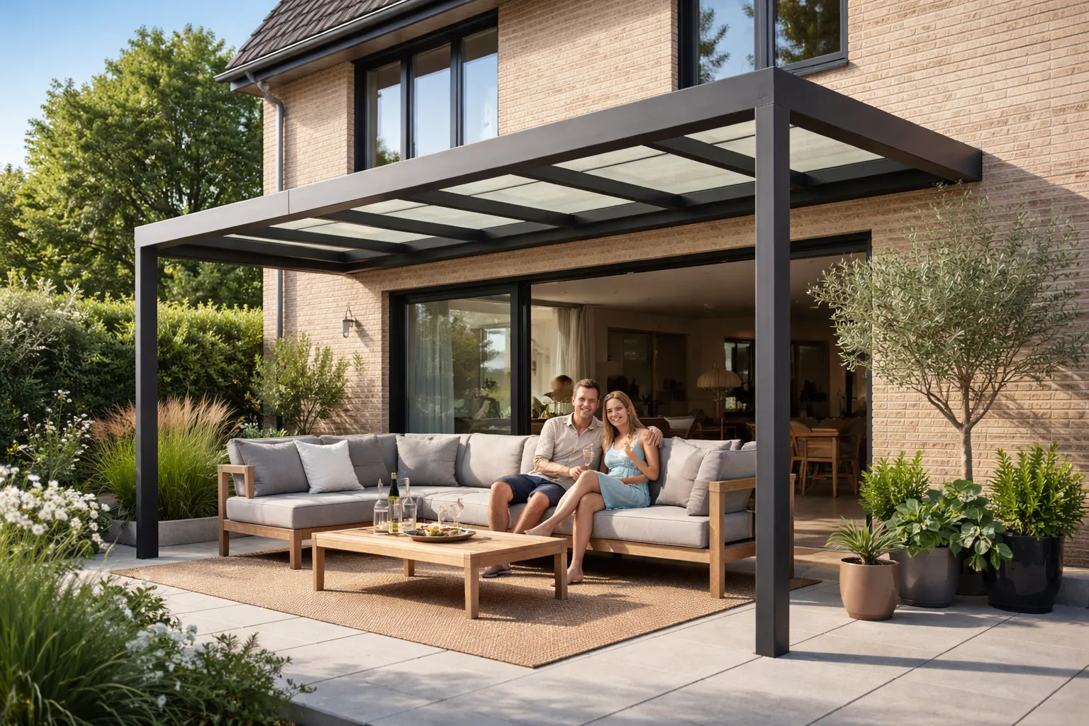 Persoon geniet onder een moderne overkapping aan huis