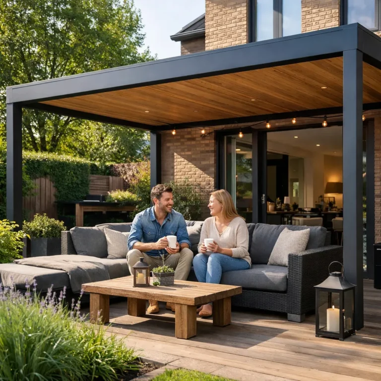 Man en vrouw zitten onder een moderne overkapping op een terras