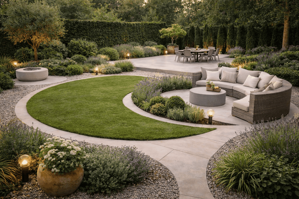 Strakke tuin met ronde vormen