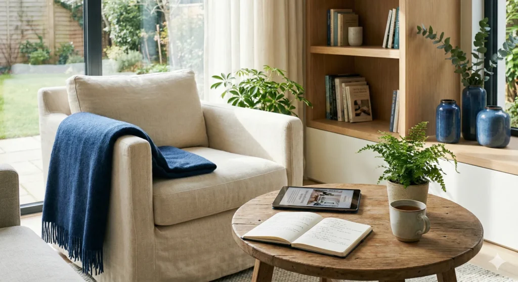 Vrouw typend op laptop in lichte woonkamer