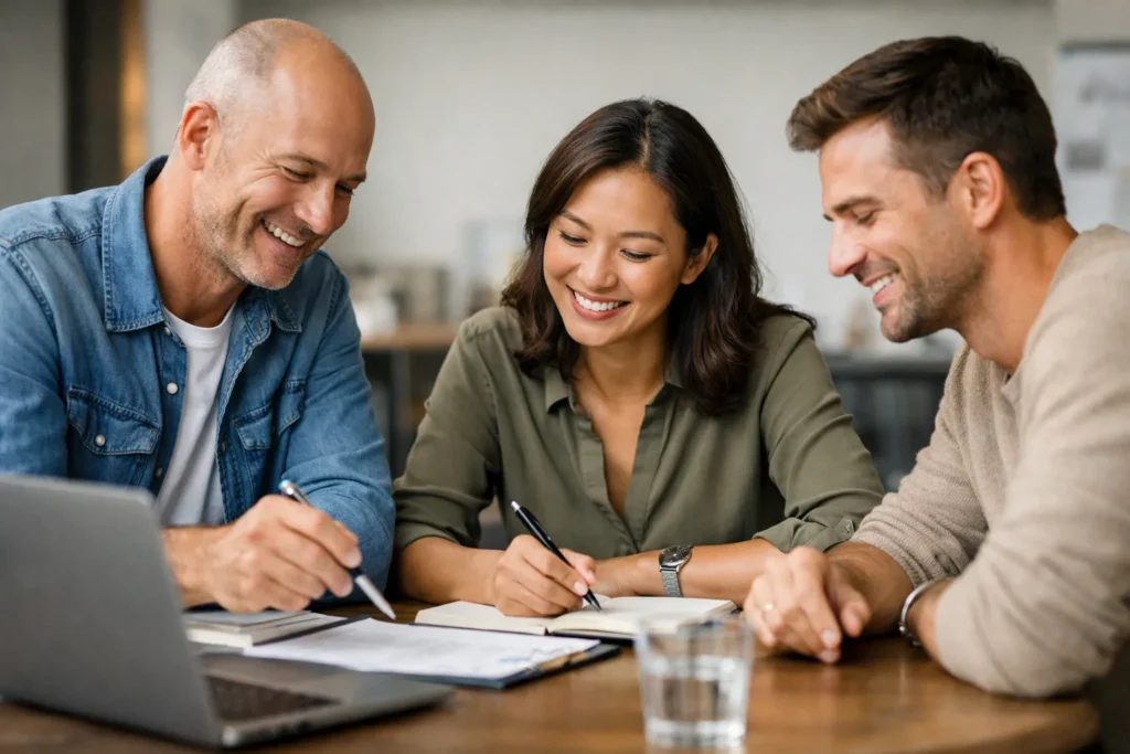 Drie collega’s overleggen aan tafel