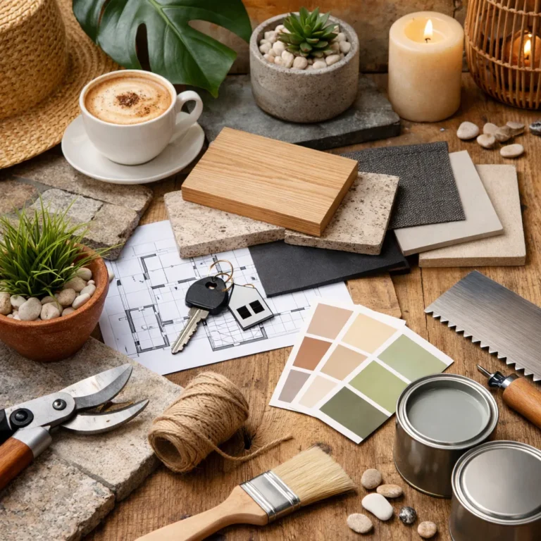 Materialen en tools voor interieur en woninginrichting op tafel