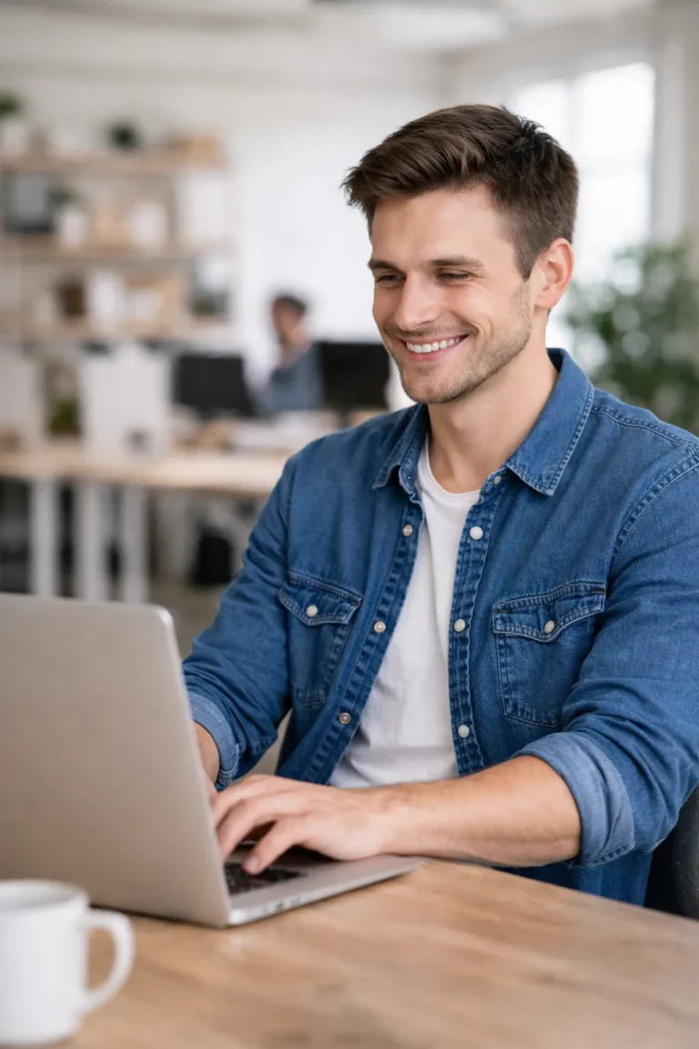 Jonge man die glimlachend op een laptop werkt in een modern kantoor