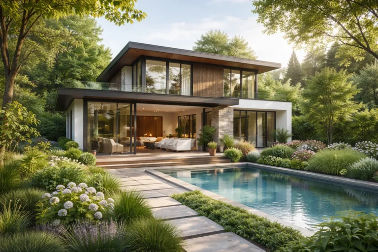 Een moderne woning met een verzorgde tuin en een zwembad, overdag