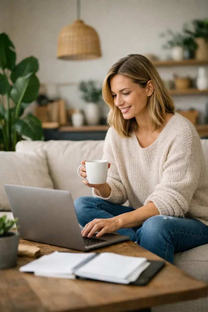 Vrouw werkt op laptop met koffie in de hand op de bank